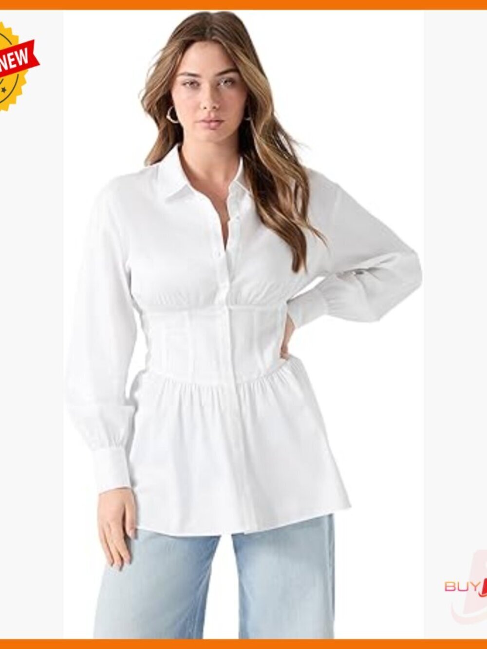 Long Sleeve Corset Shirt Top, Fitted Cotton Blend, Button Down Blouse